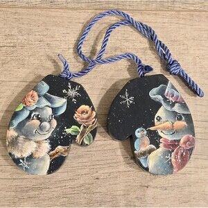 Vintage 90s Handpainted Wooden Christmas Snowman Navy Mittens by Moreland